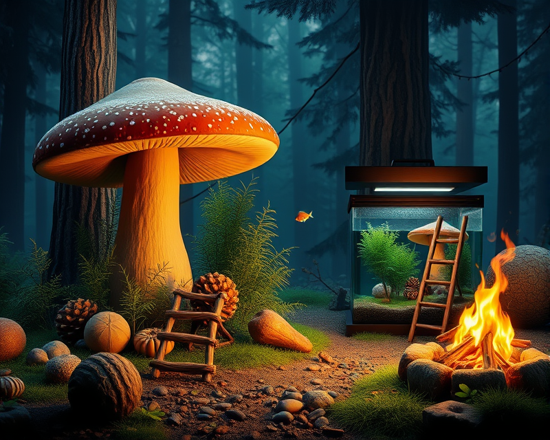 mushroom, pinecone, fish tank, ladder, campfire